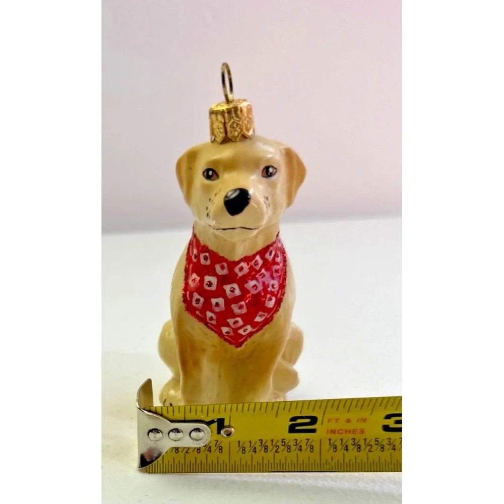 Golden Lab Labrador‎ Dog European Blown Glass Christmas Ornament Bandana Yellow